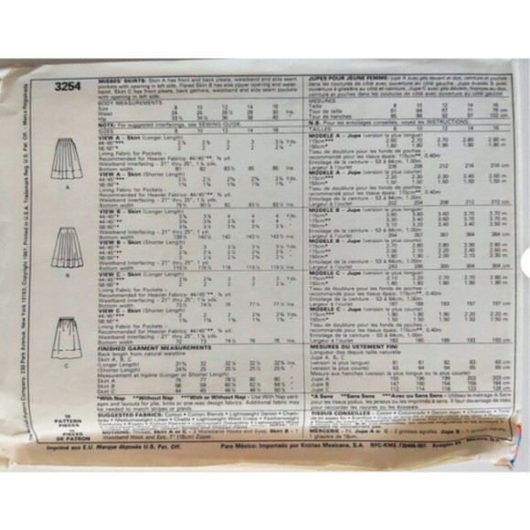 McCall's Pattern 3254 Misses' Below Knee Flared & Pleated Skirts ~ Size 8 - Picture 4 of 4